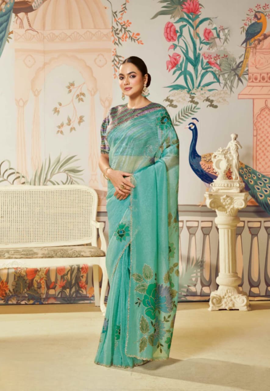 Sea Green Satin Organza Silk Dual Sequence Saree