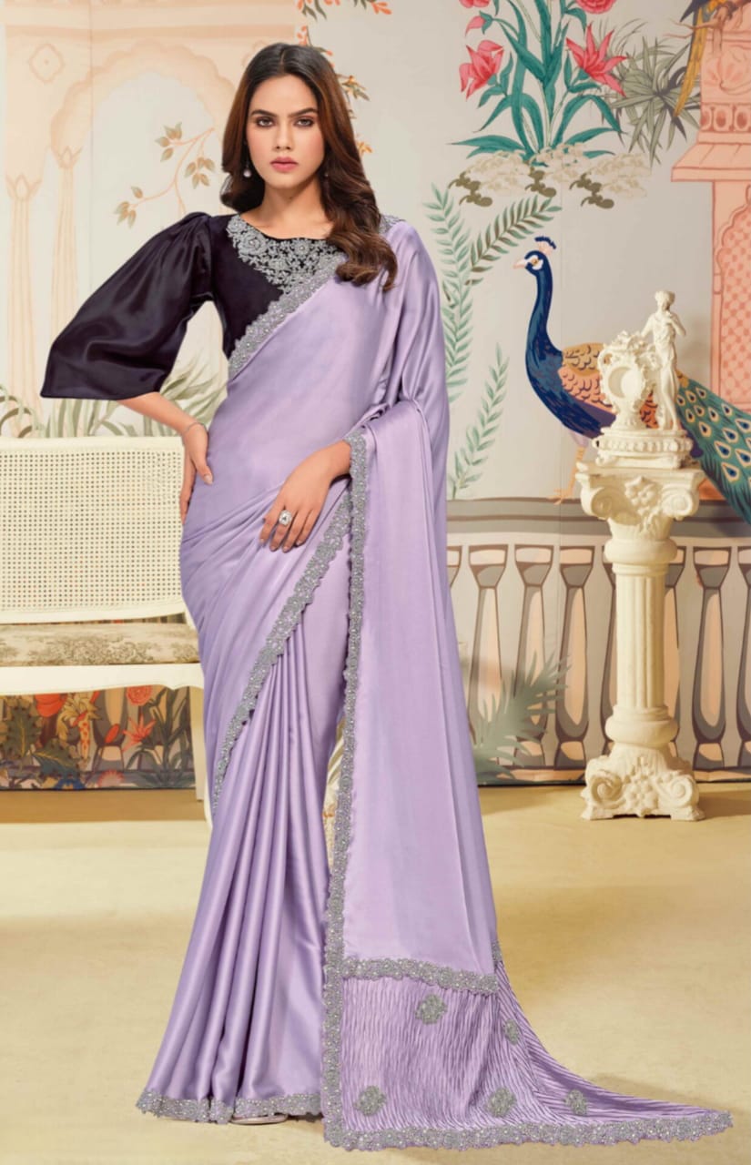 Lavender Crepe Satin Silk Jardosi Handwork Saree