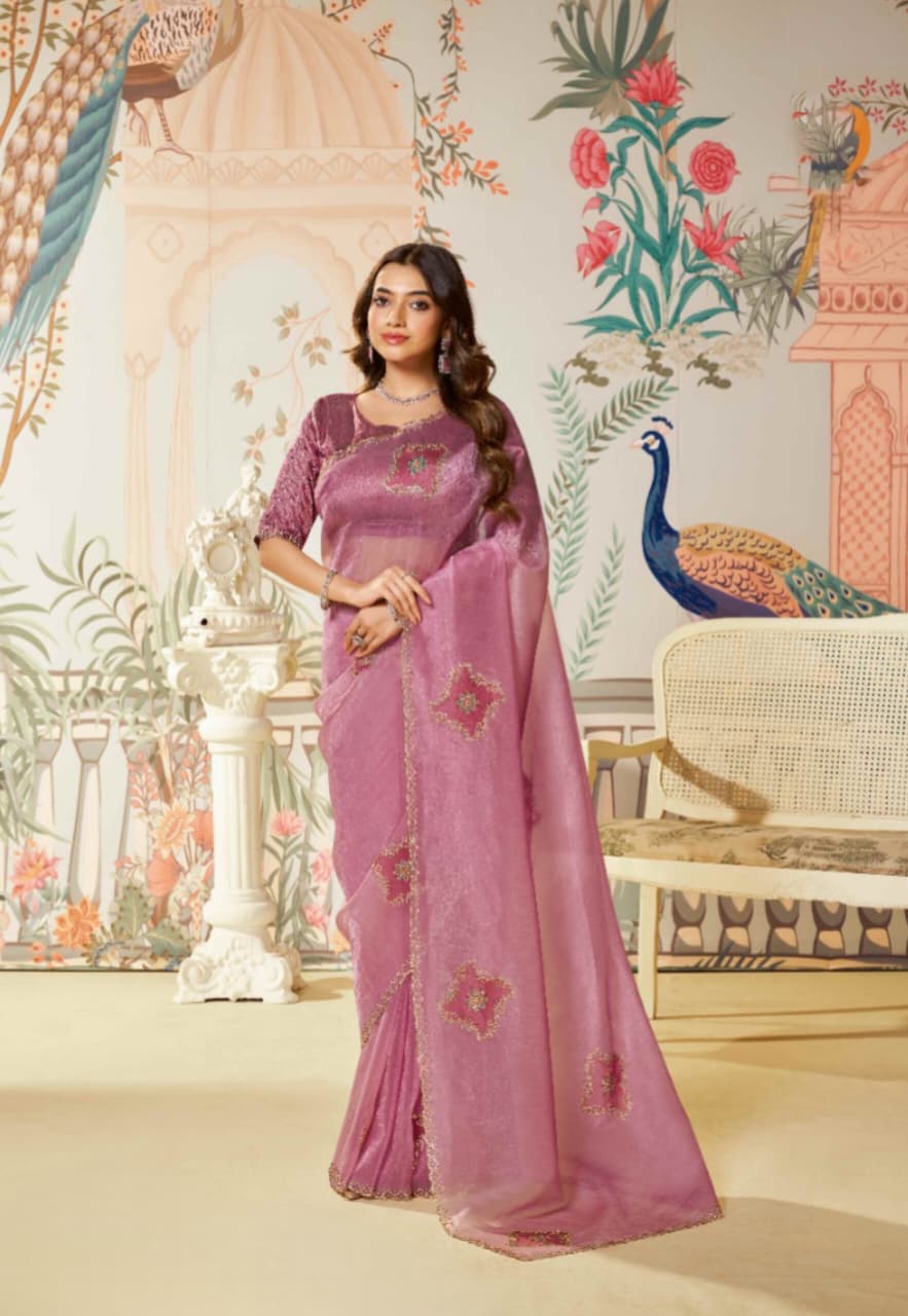 Pink Satin Organza Silk Diamond Brush Print Saree