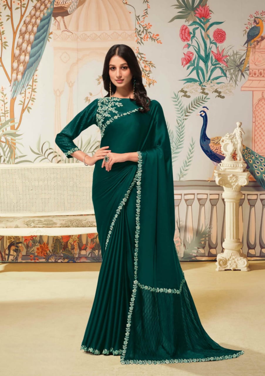 Emerald Green Crepe Satin Silk Jardosi Handwork Saree