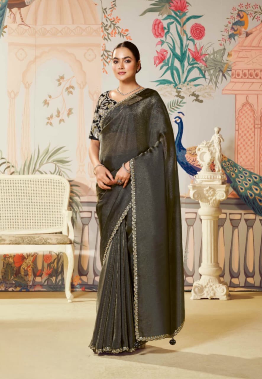 Olive Green Zari Organza Silk Dual Sequence Saree