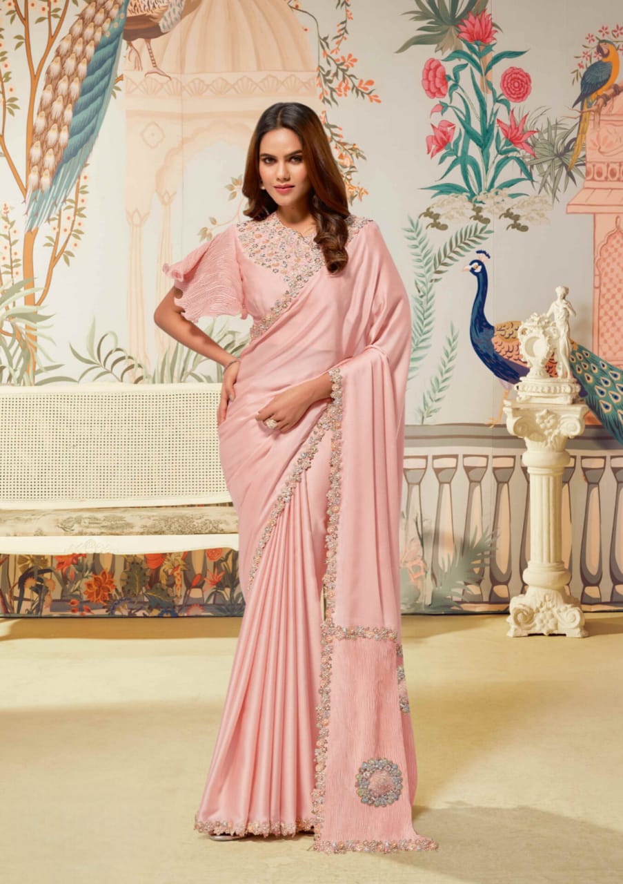 Blush Pink Crepe Satin Silk Sequence Handwork Saree