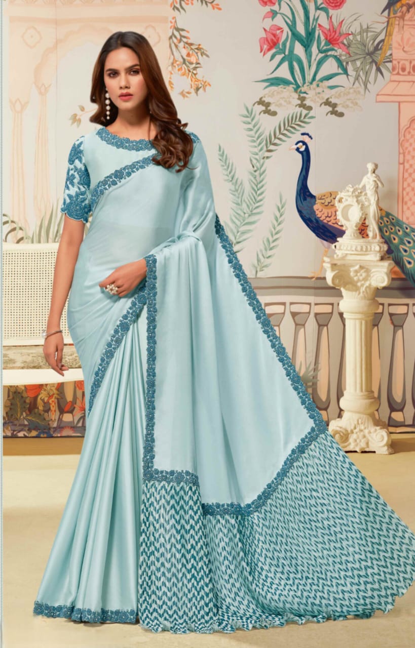Powder Blue Pure Satin Silk Jardosi Sequence Saree