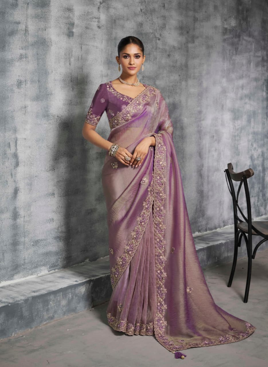 Purple Premium Tissue Zari Embroidered Saree