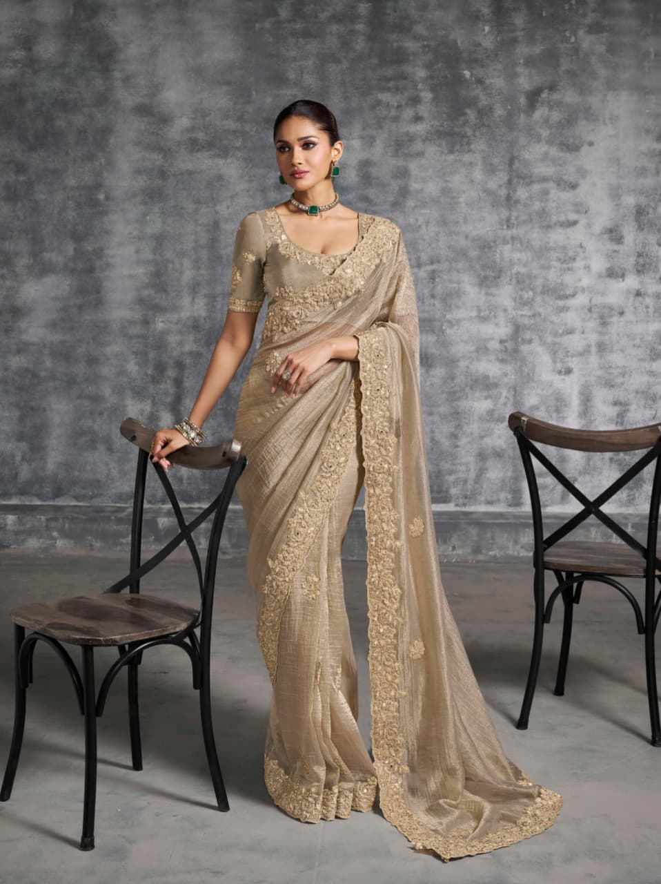 Beige Premium Tissue Zari Embroidered Saree