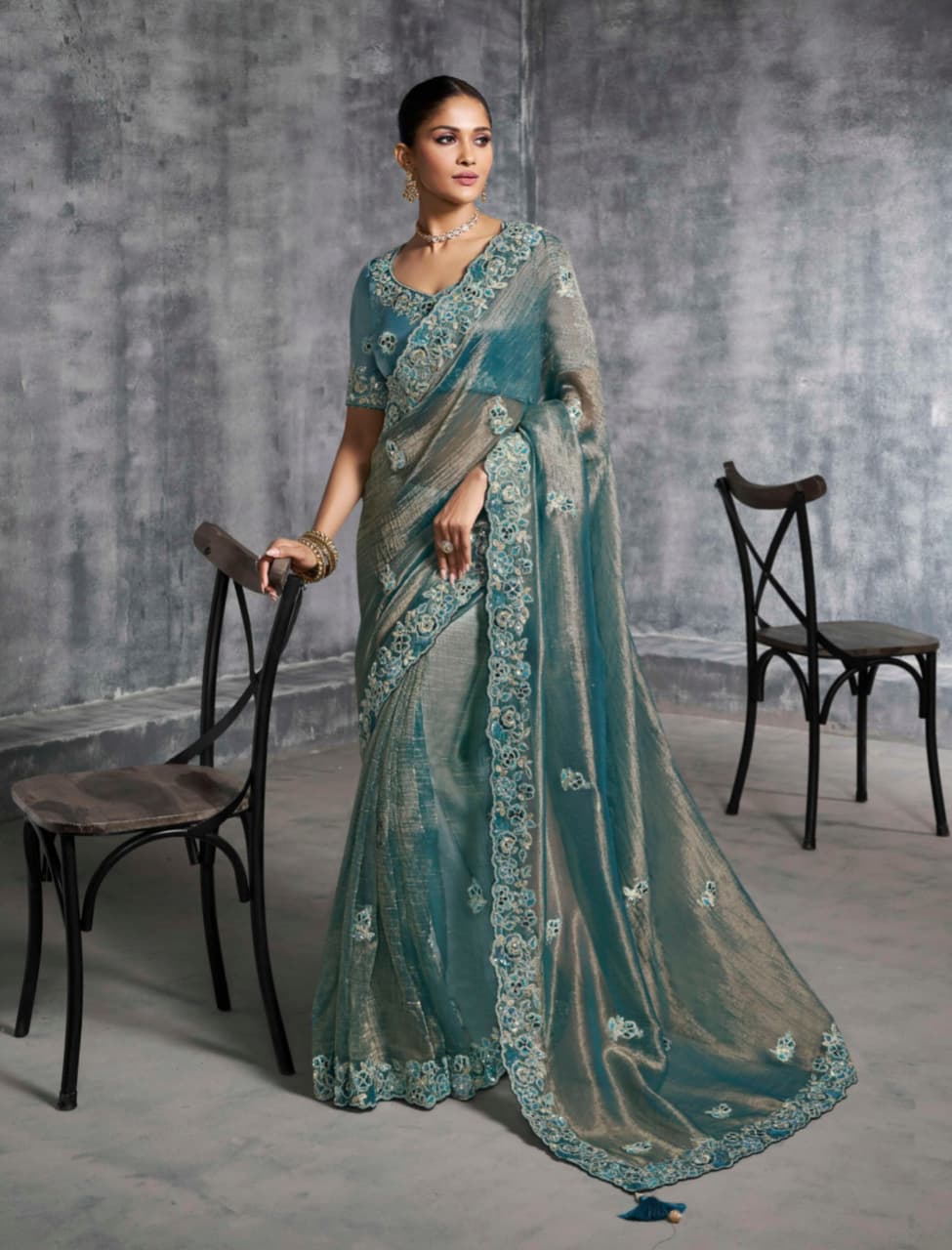 Teal Premium Tissue Zari Embroidered Saree