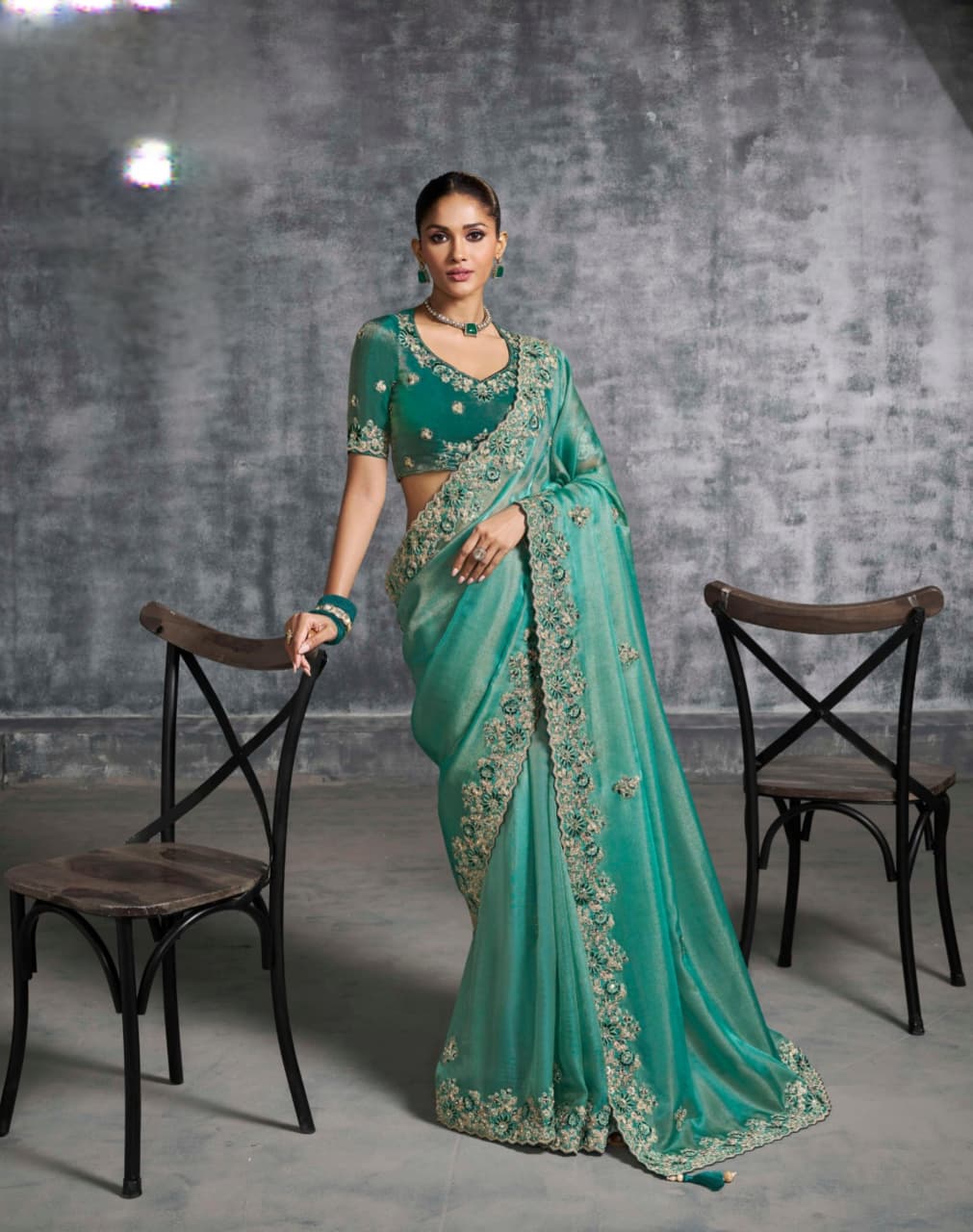 Green Premium Tissue Zari Embroidered Saree