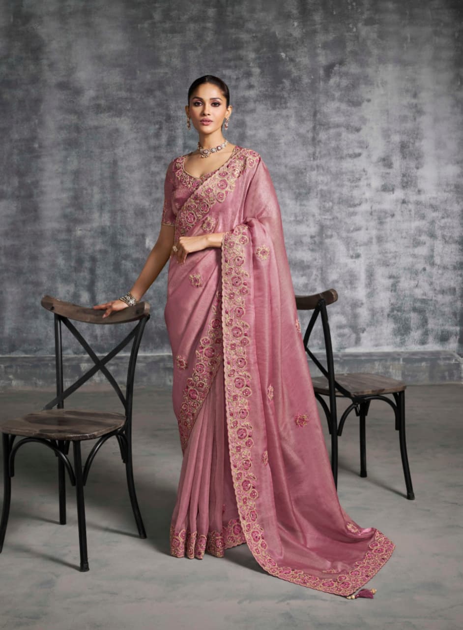 Rose Gold Premium Tissue Zari Embroidered Saree