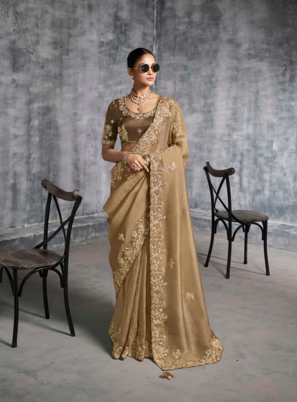 Golden Premium Tissue Zari Embroidered Saree