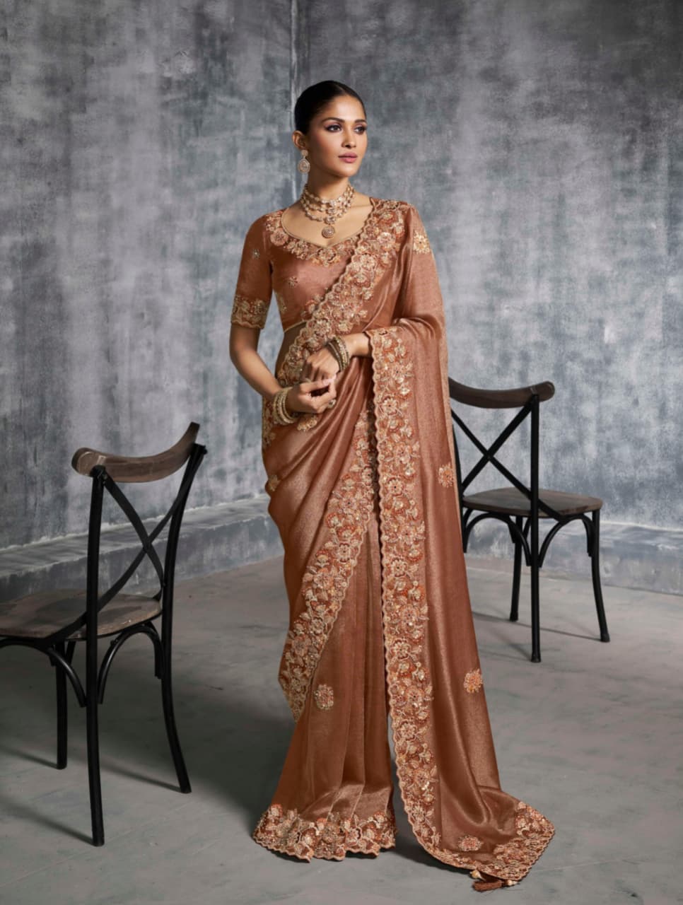 Brown Premium Tissue Zari Embroidered Saree