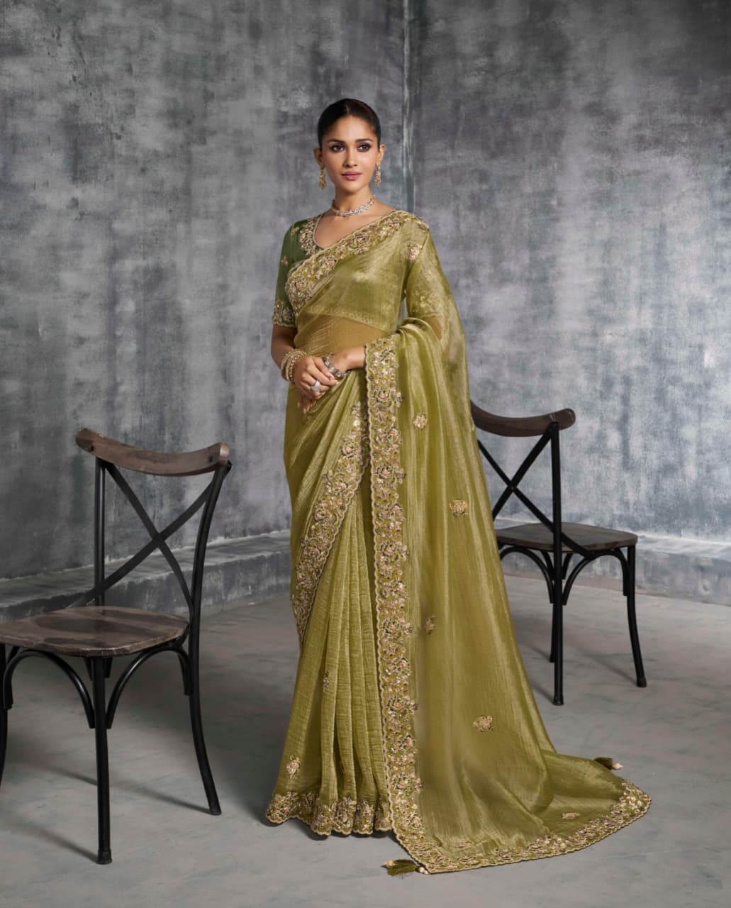 Olive Green Premium Tissue Zari Embroidered Saree