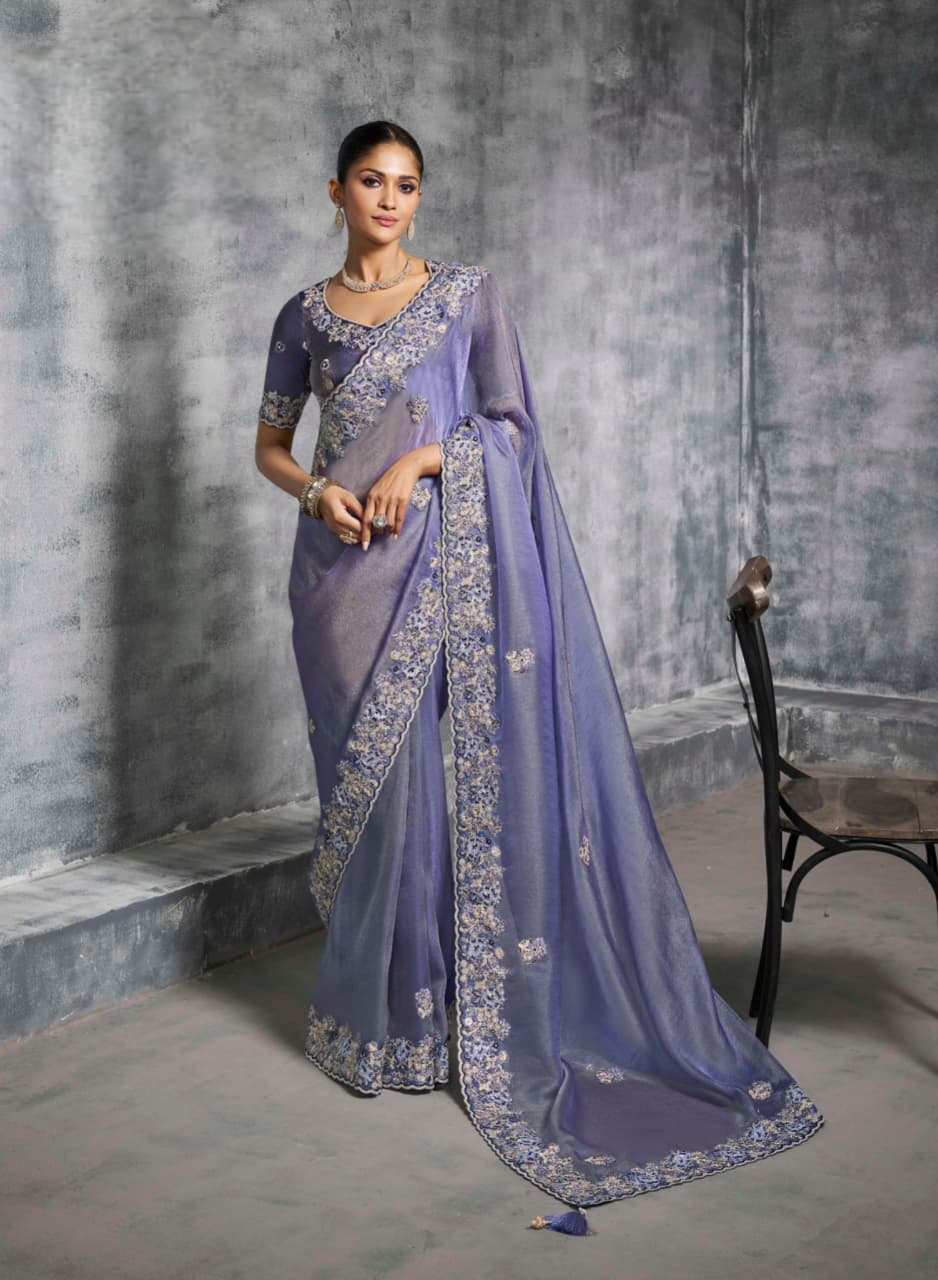 Blue Premium Tissue Zari Embroidered Saree