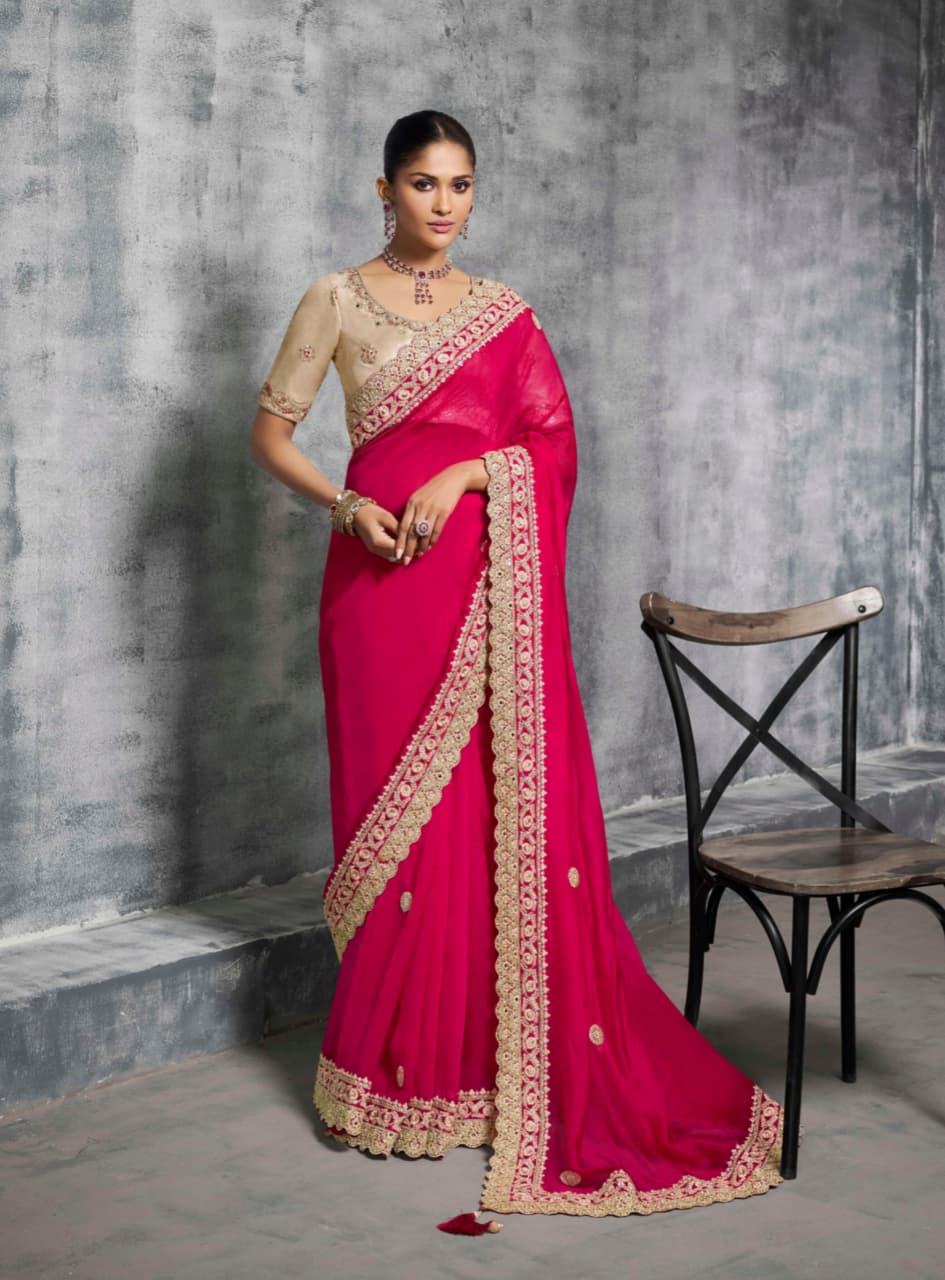 Magenta Rangoli Satin Lace Work Saree