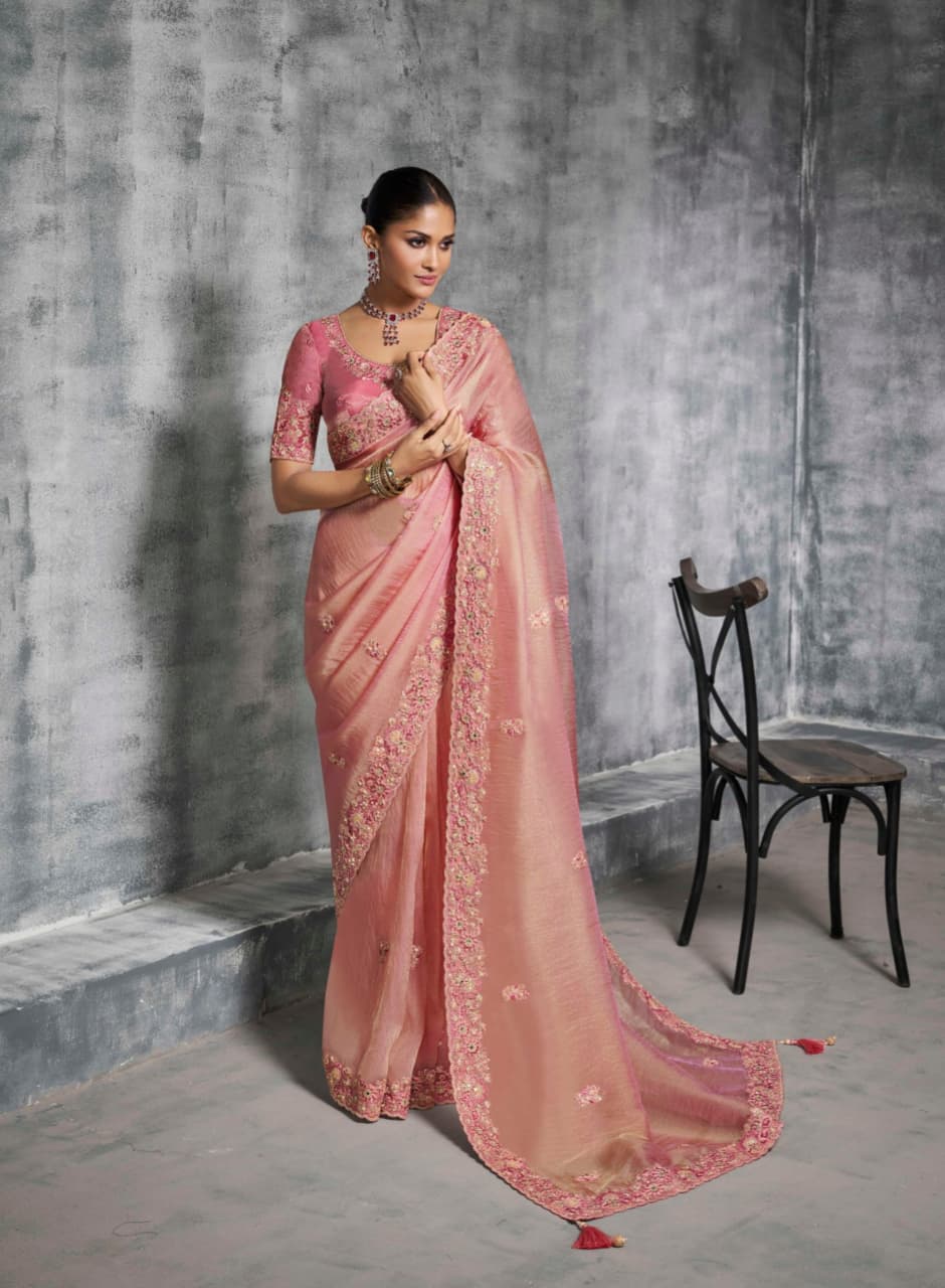 Pink Premium Tissue Zari Embroidered Saree