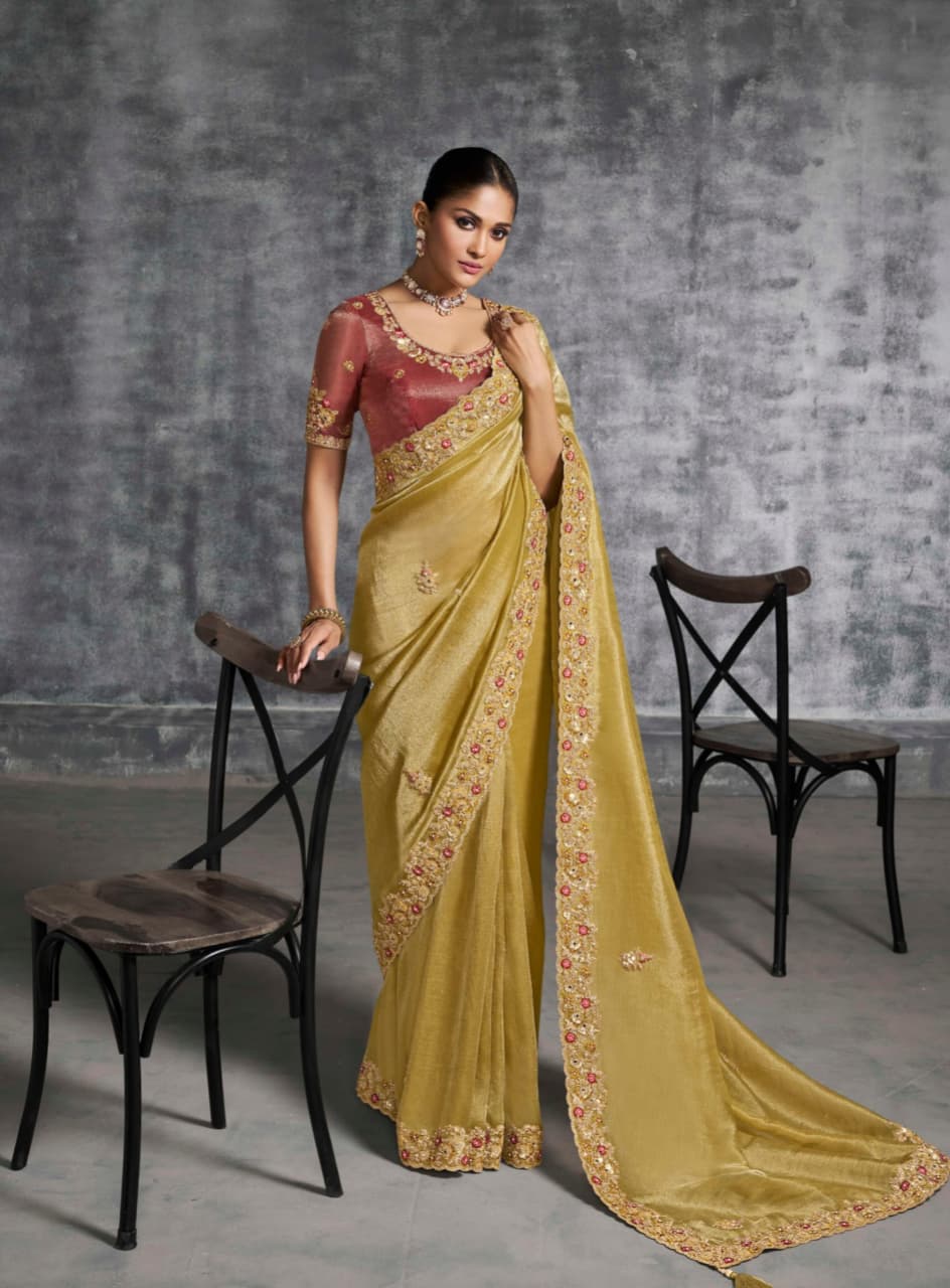 Yellow Premium Tissue Zari Embroidered Saree