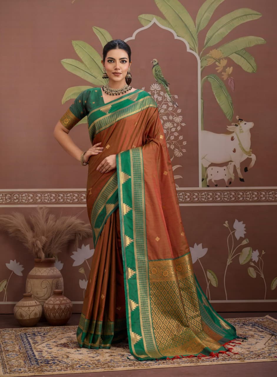 Rust Tussar Silk Handloom Weaving Saree