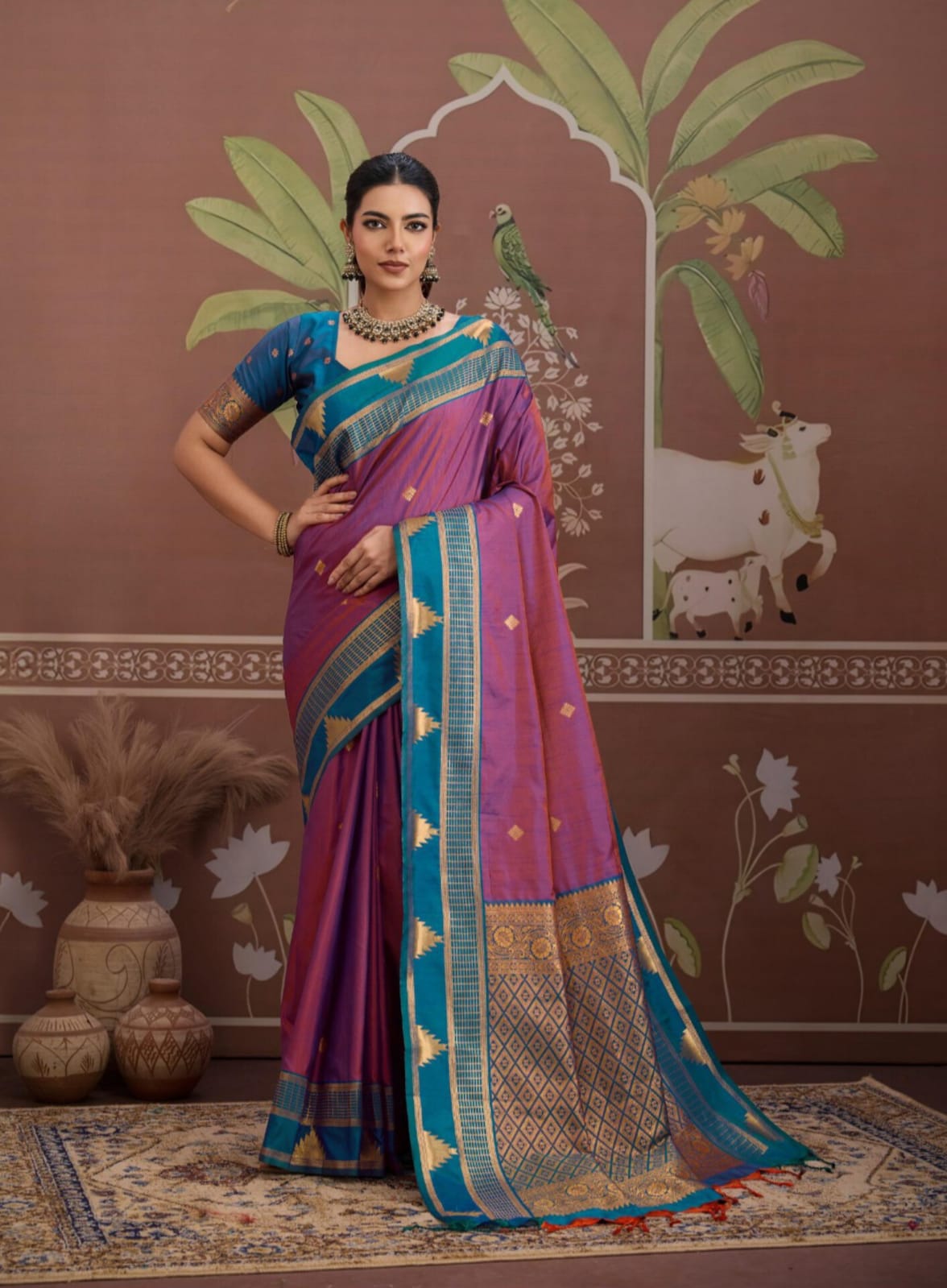 Purple Tussar Silk Handloom Weaving Saree