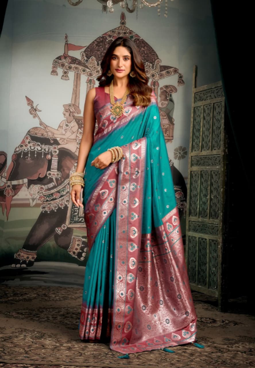 Teal Premium Soft Silk Mina Work Saree