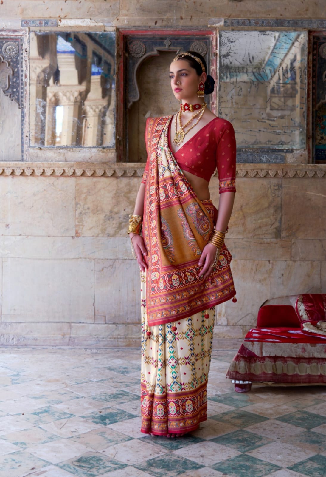 Cream Pv Silk Luxury Print Saree