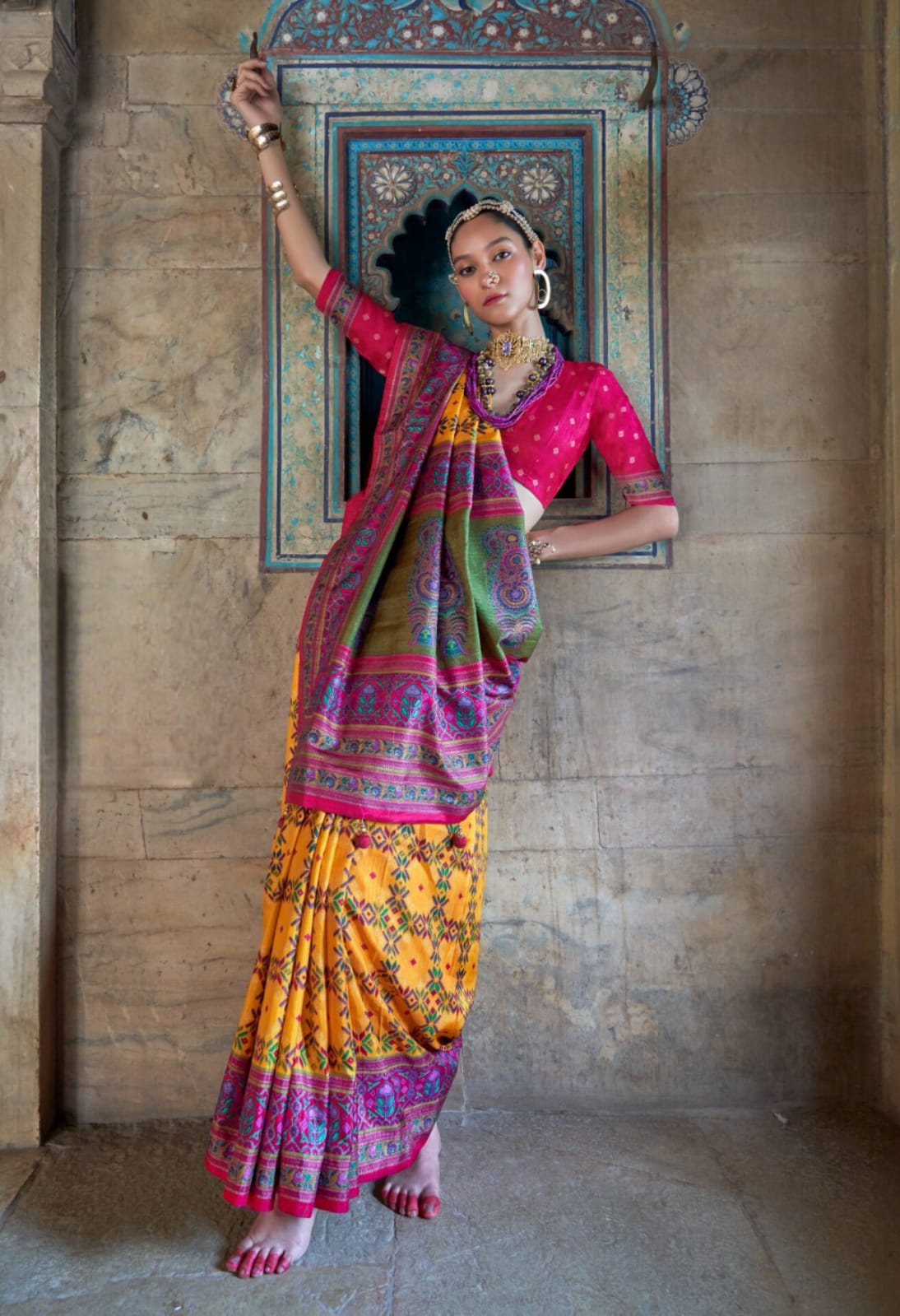 Yellow Pv Silk Luxury Print Saree