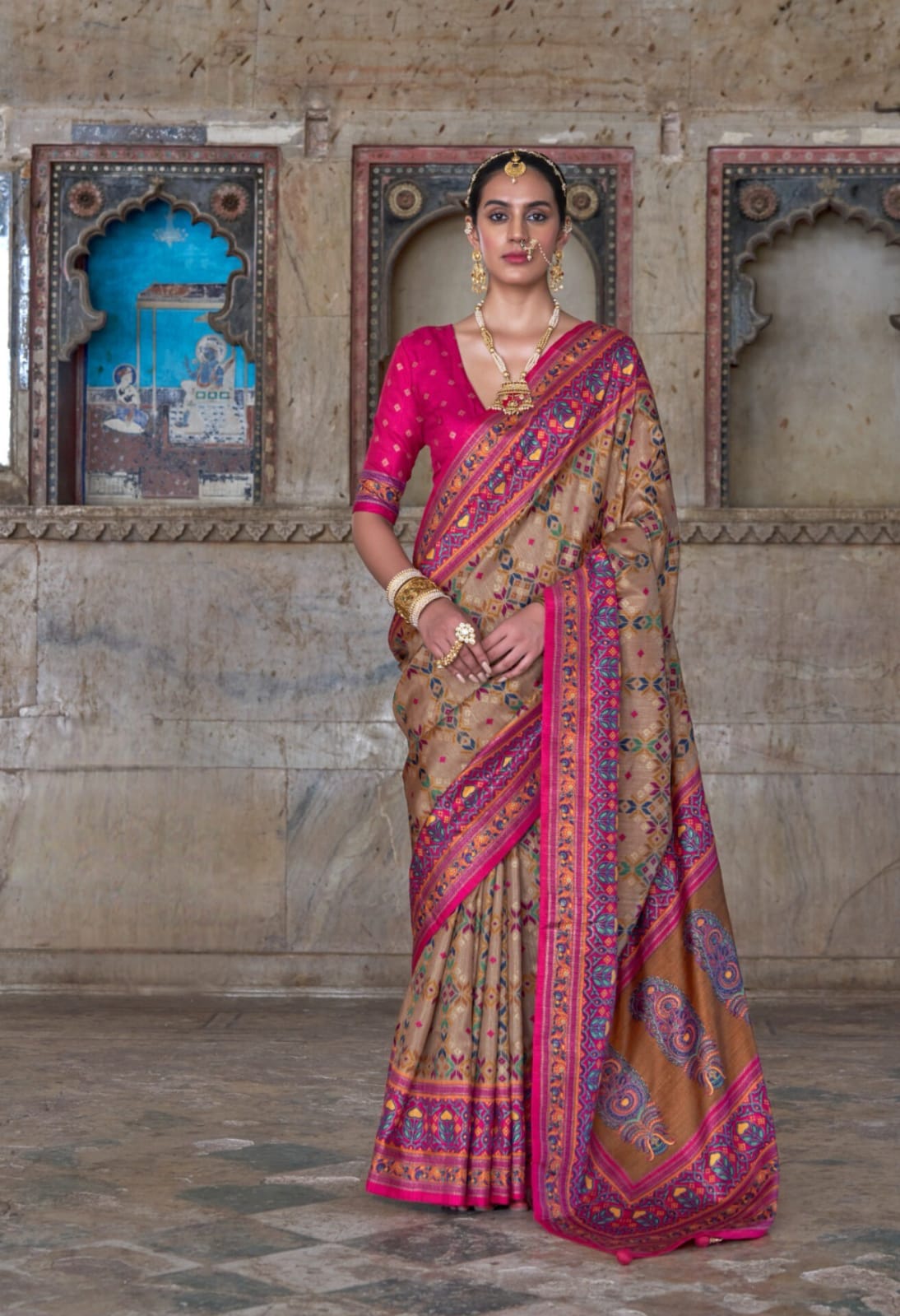 Beige Pv Silk Luxury Print Saree