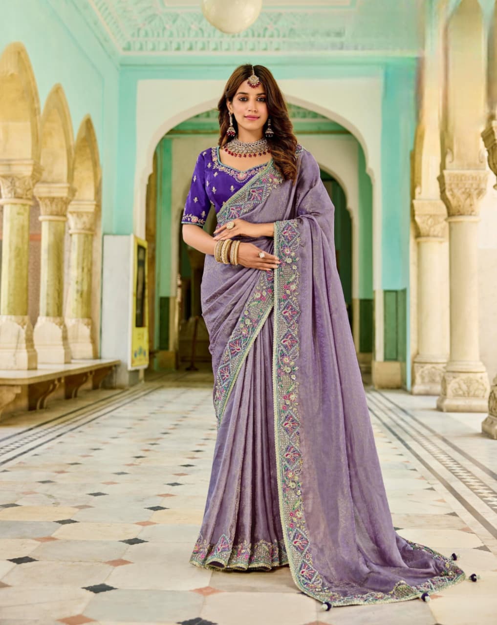 Purple Viscose Satin Tissue Bead Work Saree