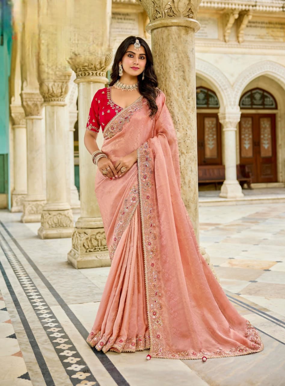 Peach Viscose Satin Tissue Bead Work Saree