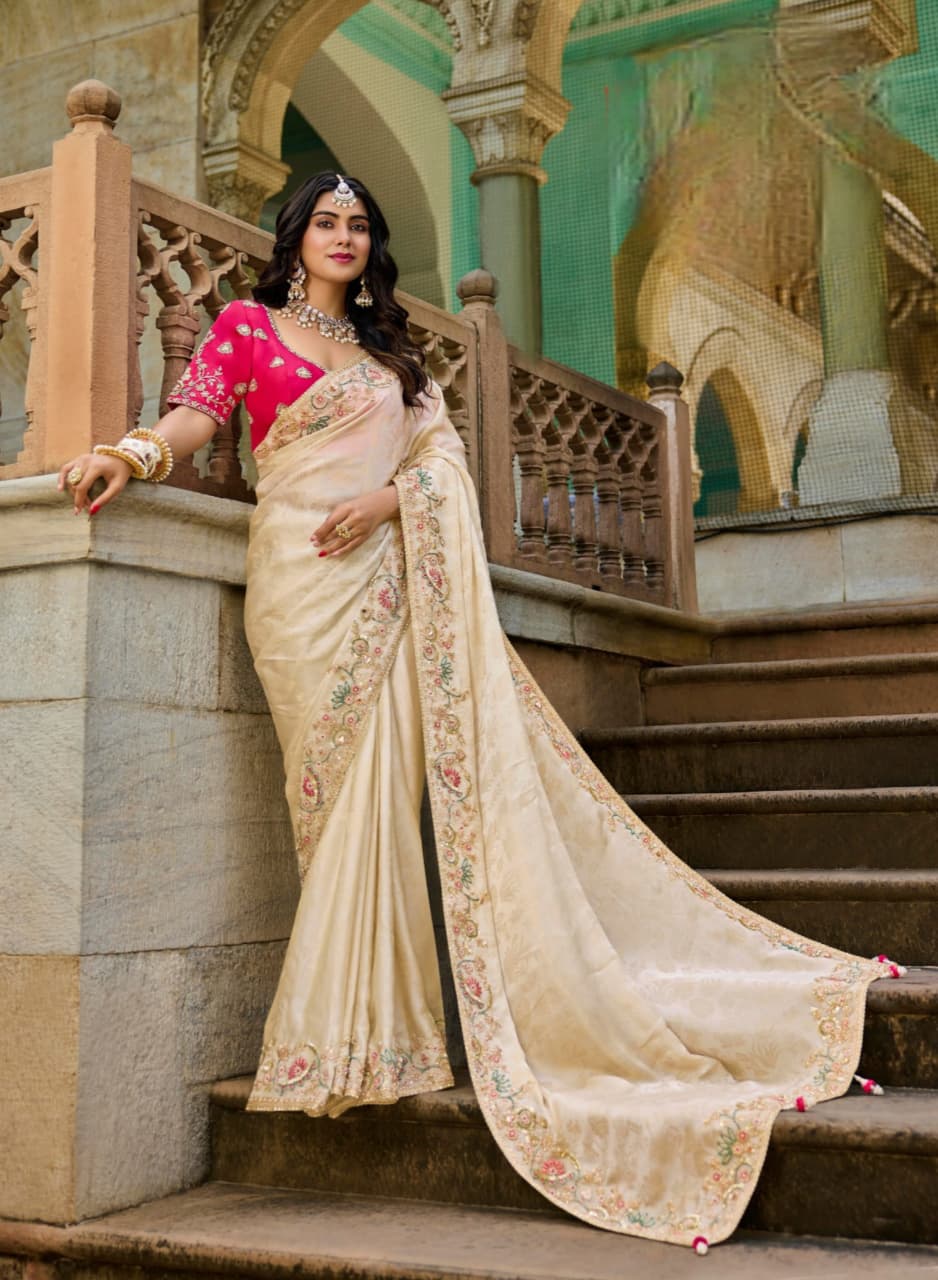 Cream Viscose Satin Tissue Bead Work Saree