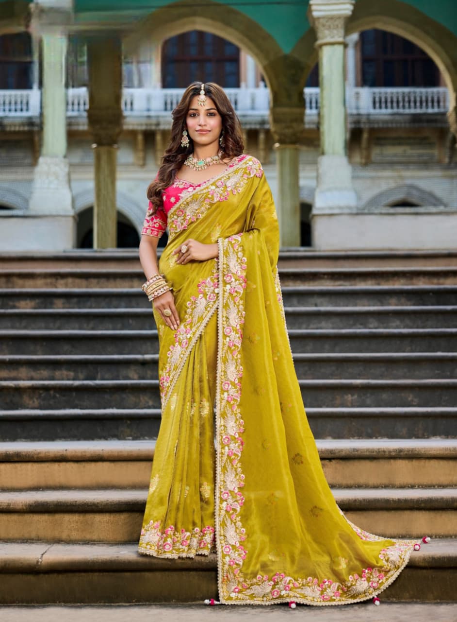 Yellow Viscose Satin Tissue Bead Work Saree