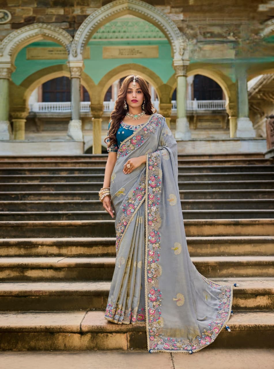 Grey Viscose Satin Tissue Bead Work Saree