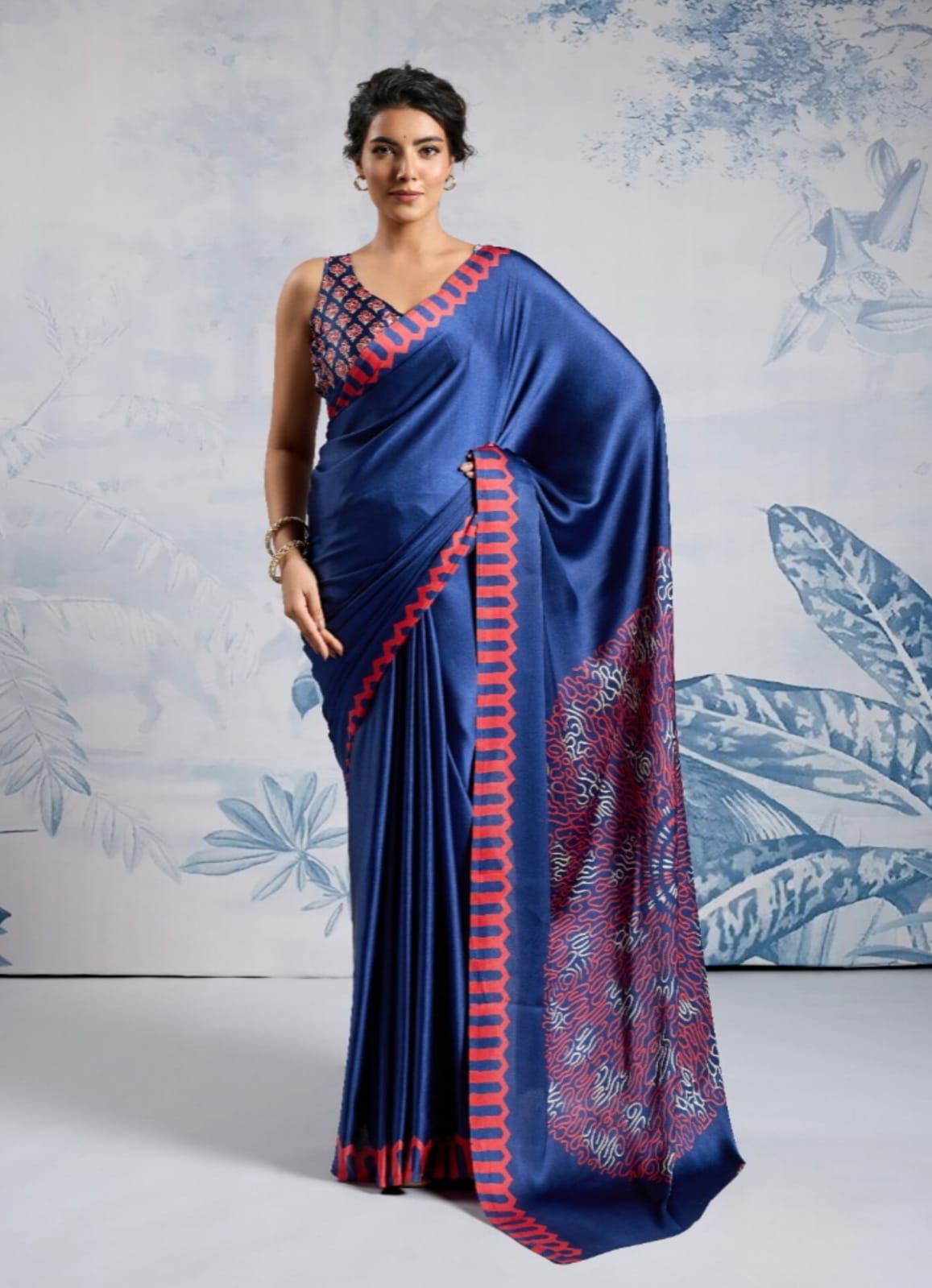Blue Modal Satin Ajrakh Print Saree