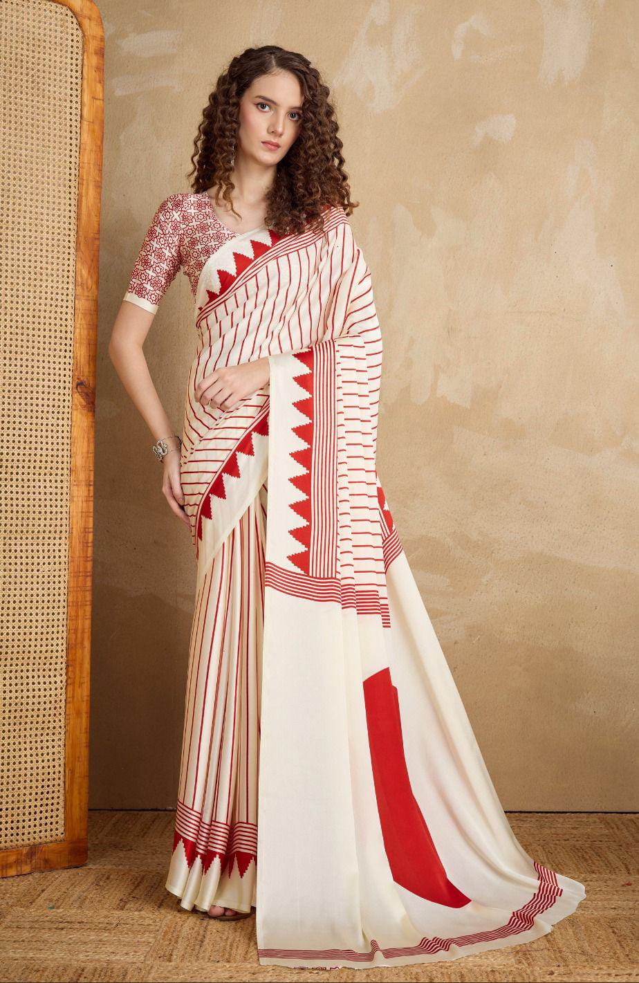 White Modal Satin Ajrakh Print Saree