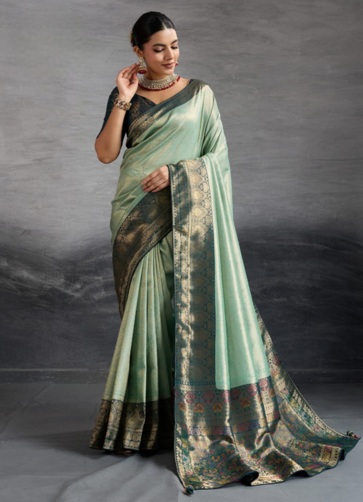 Mint Green Kanjivaram Soft Silk Double Zari Meenakari Saree