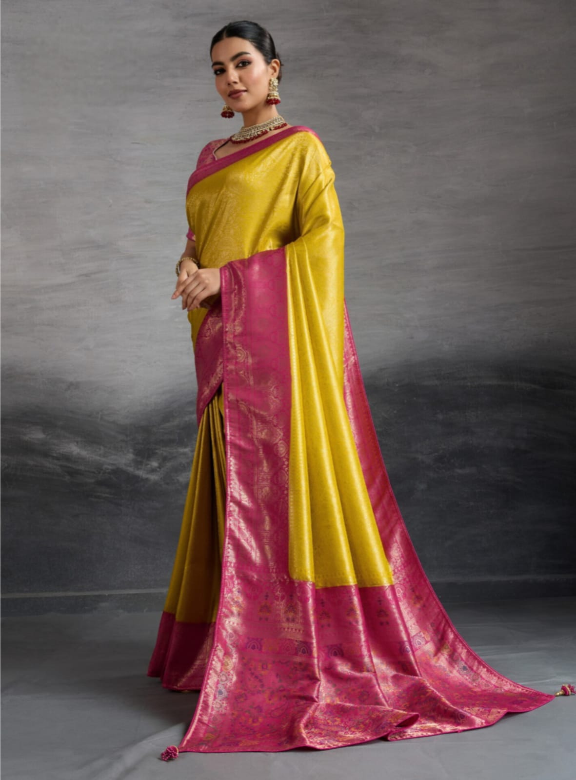 Yellow Pink Kanjivaram Soft Silk Double Zari Meenakari Saree