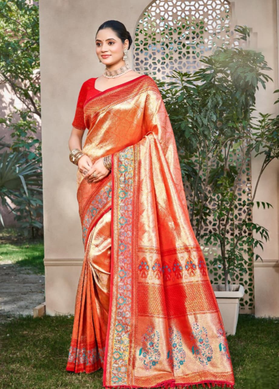 Red Orange Kanjivaram Silk Weaving Saree