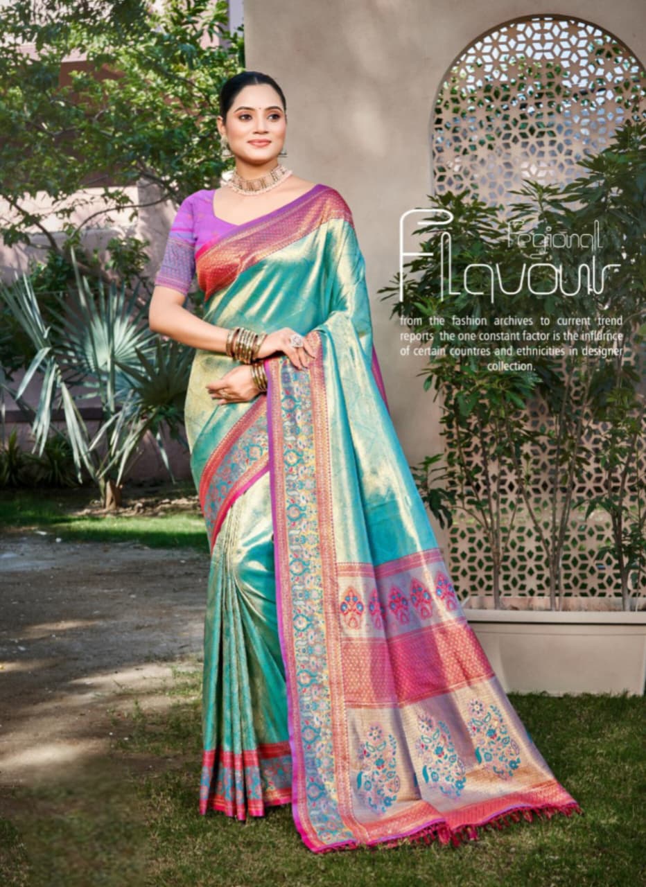 Purple Teal Kanjivaram Silk Weaving Saree