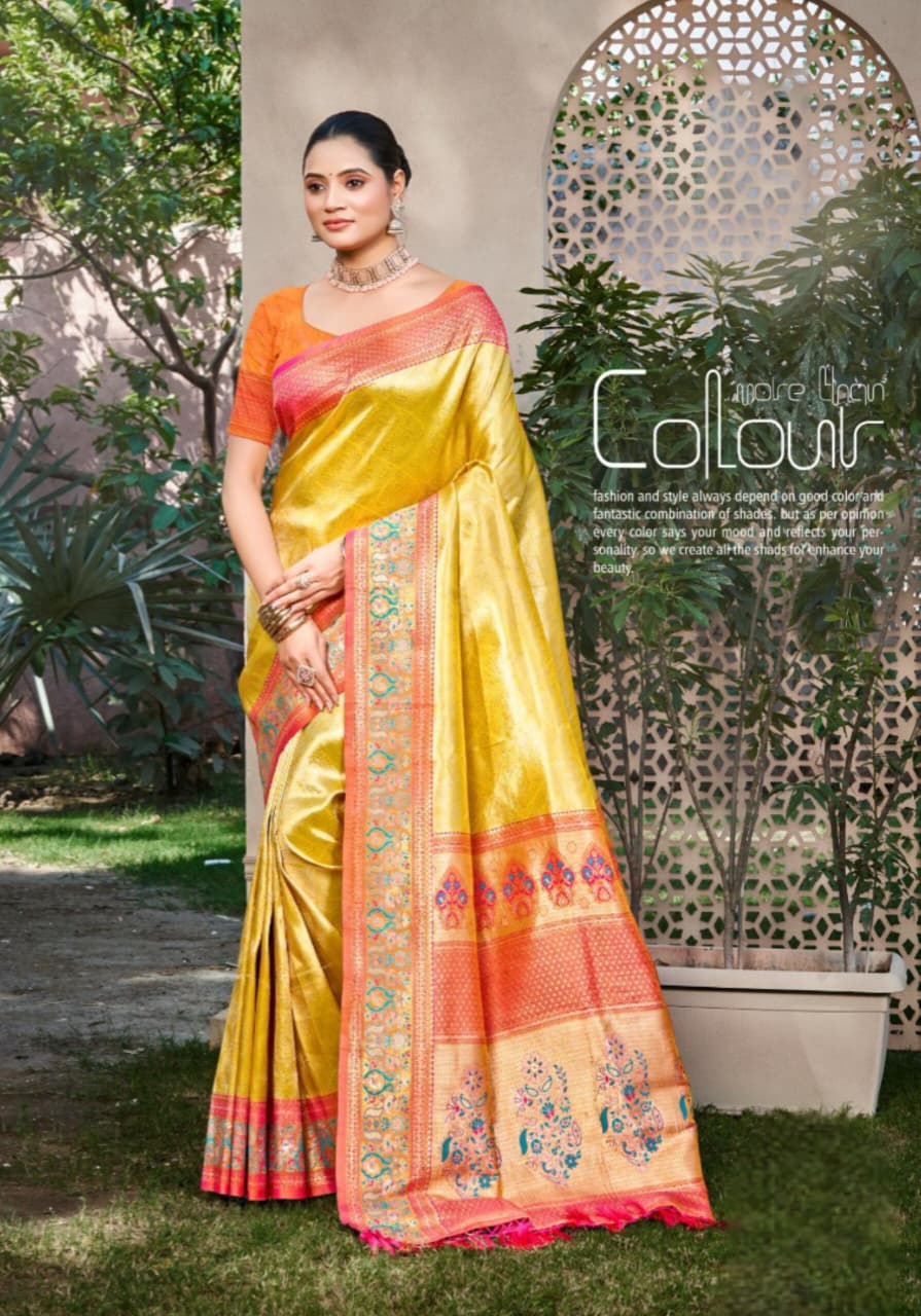 Orange Yellow Kanjivaram Silk Weaving Saree