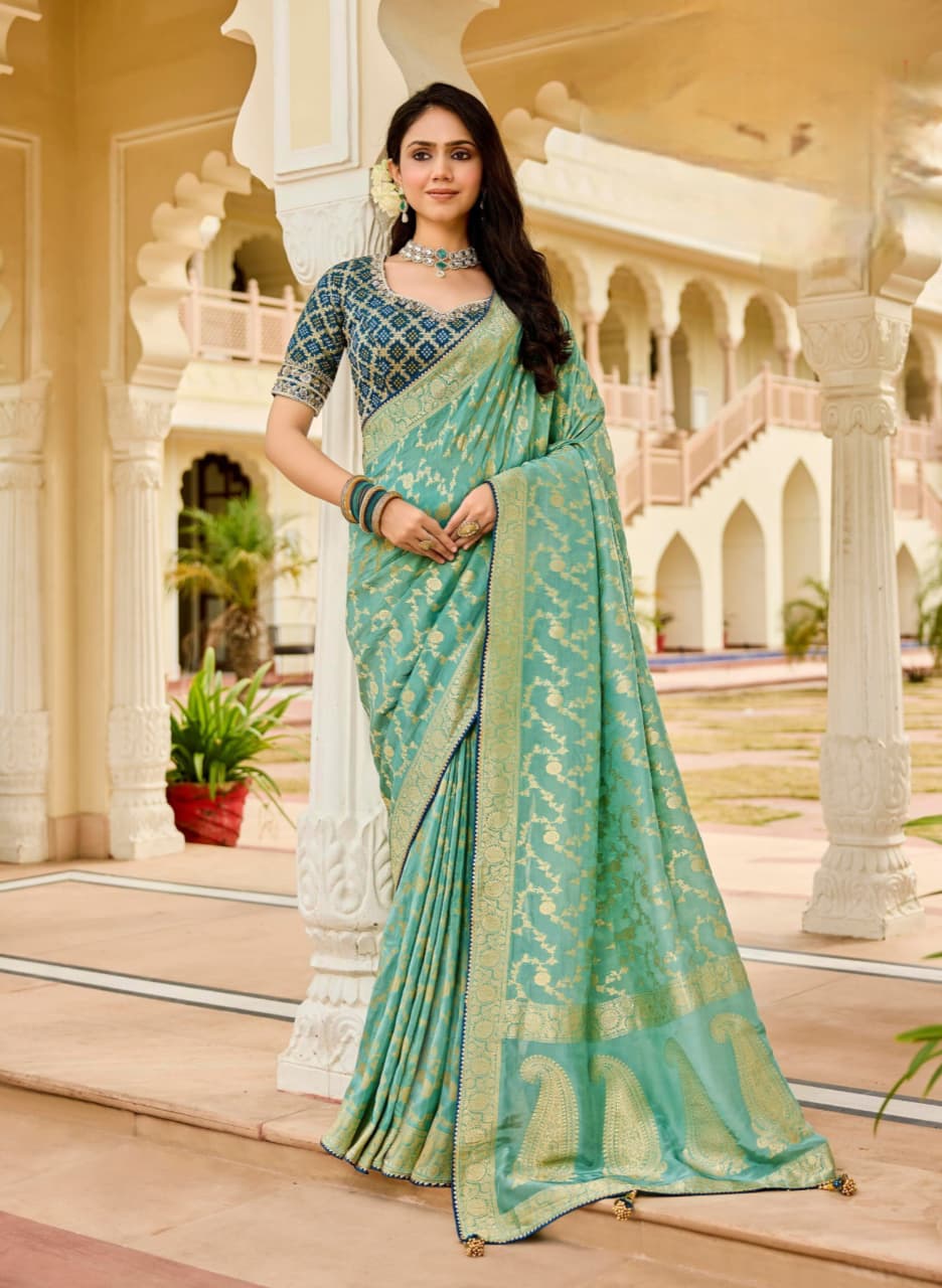 Green Viscose Crepe Bead Work Saree