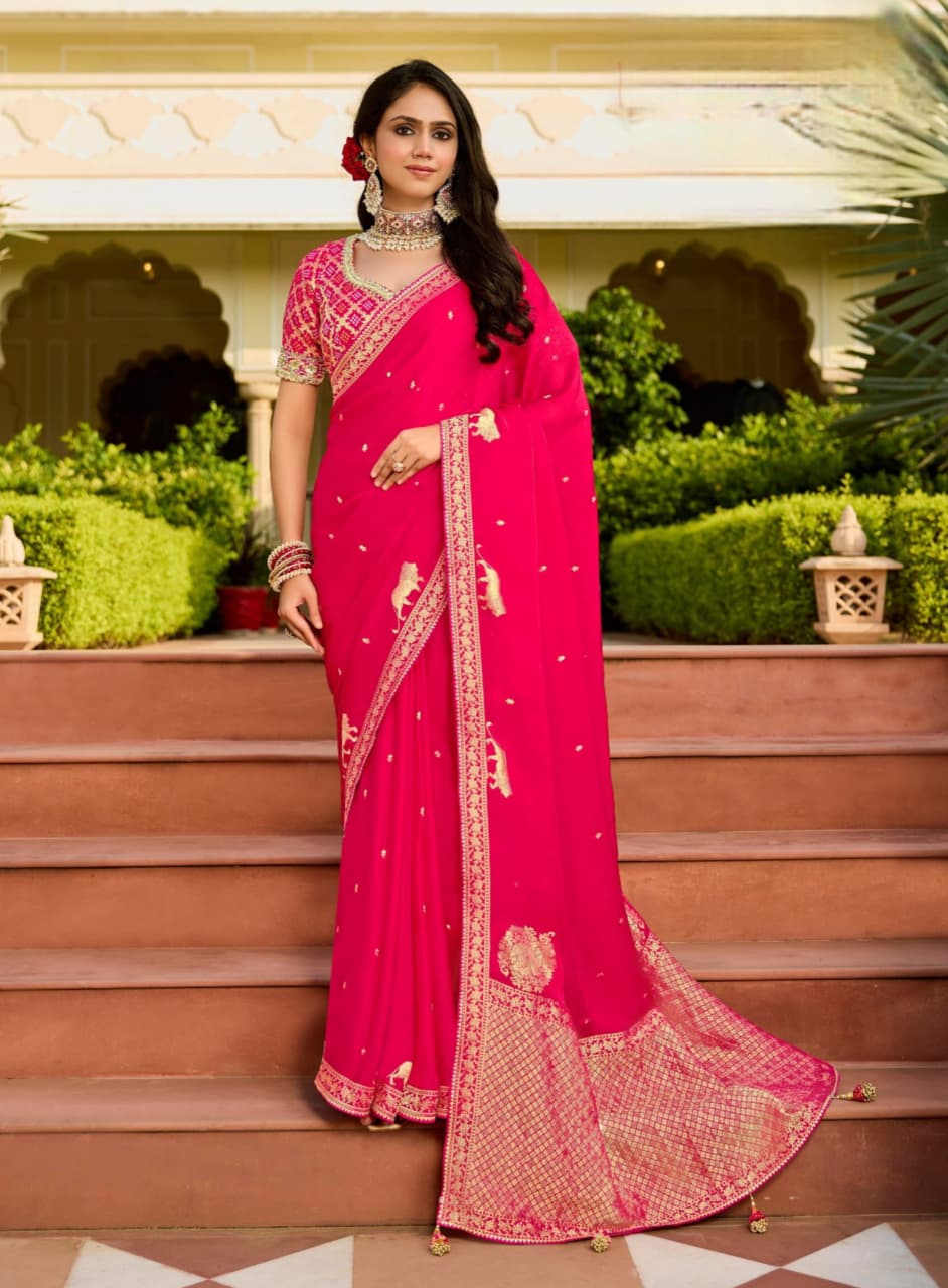 Pink Viscose Crepe Bead Work Saree