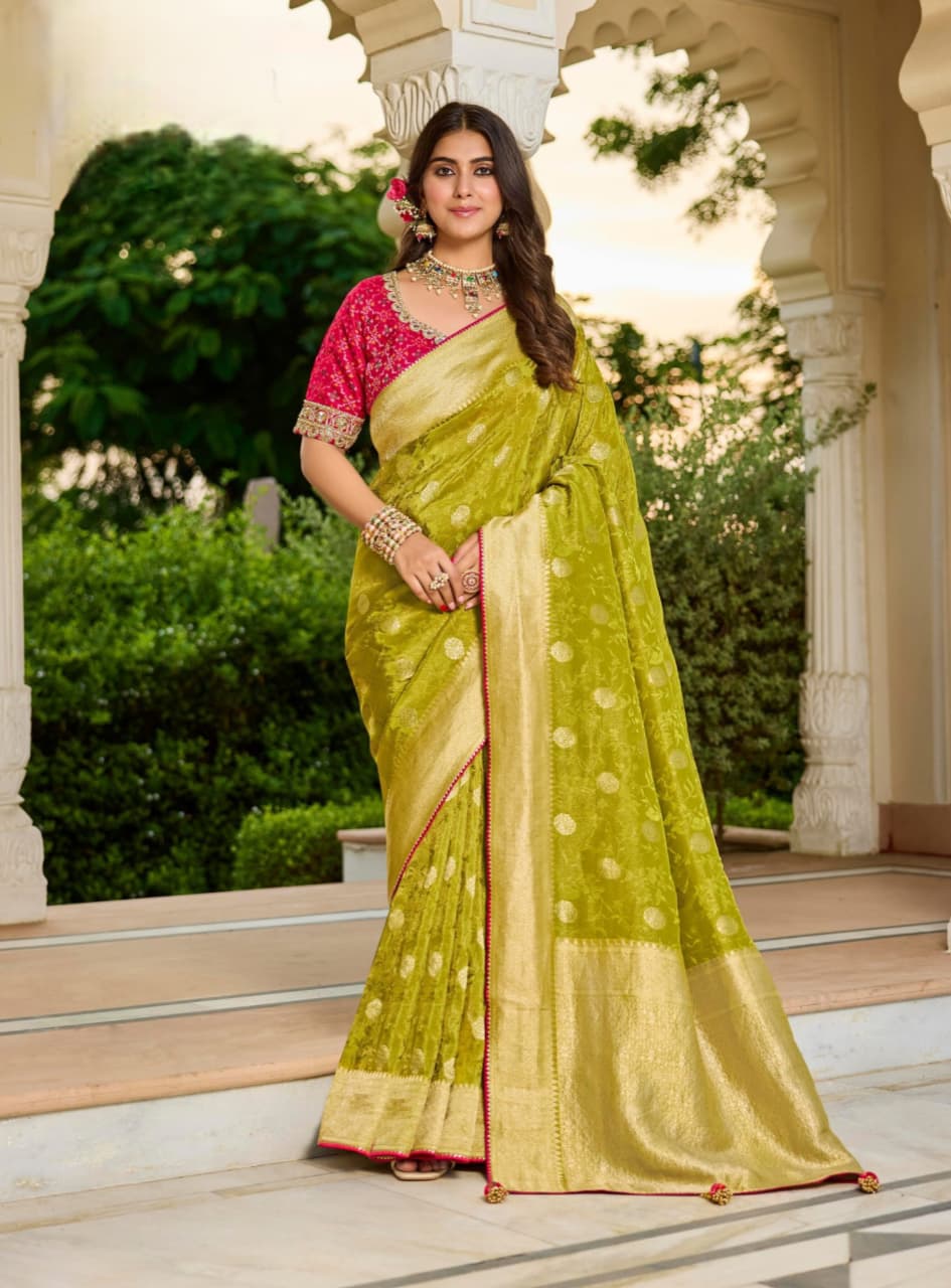 Yellow Viscose Tissue Bead Work Saree