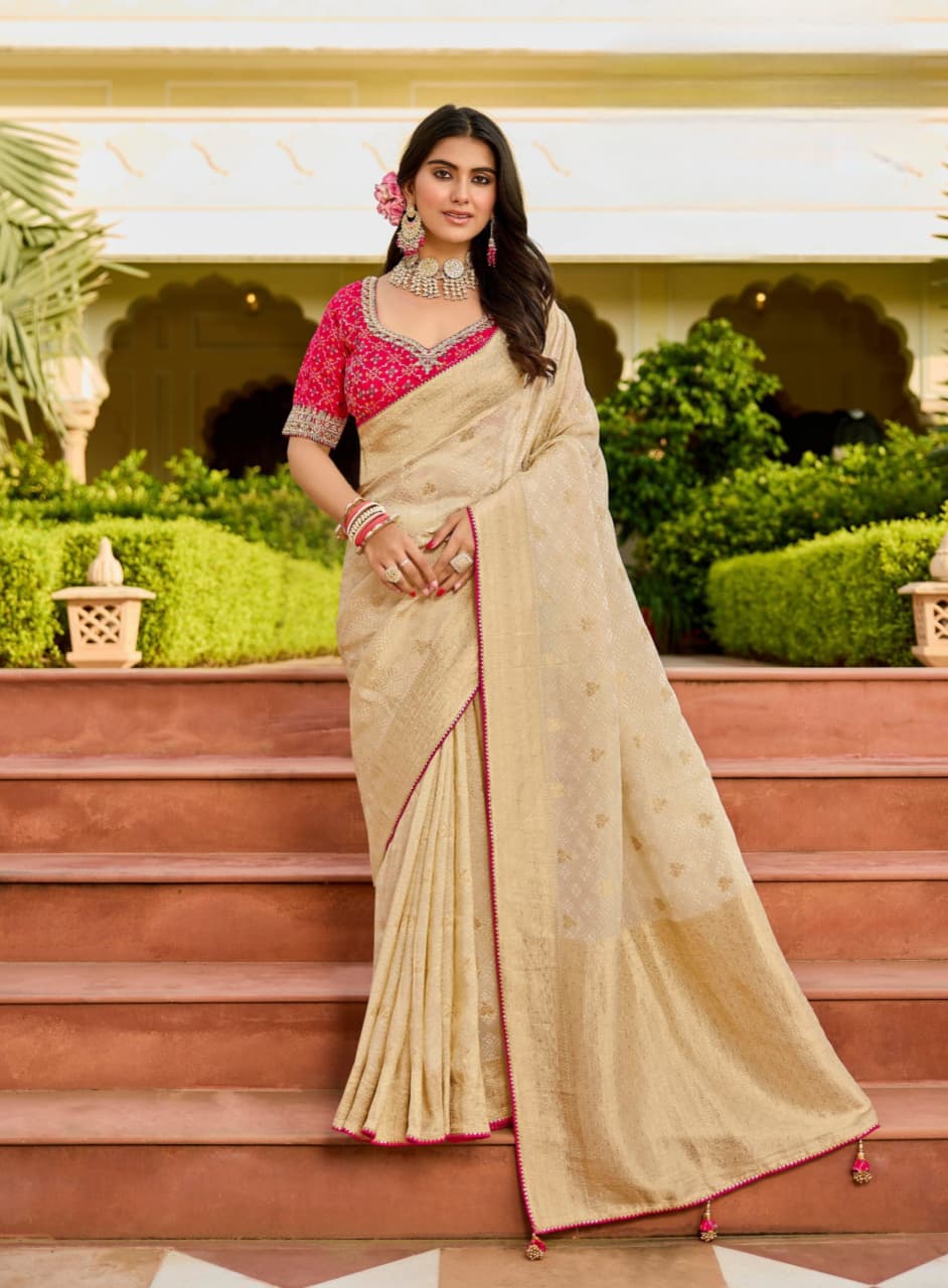 Cream Viscose Organza Satin Bead Work Saree