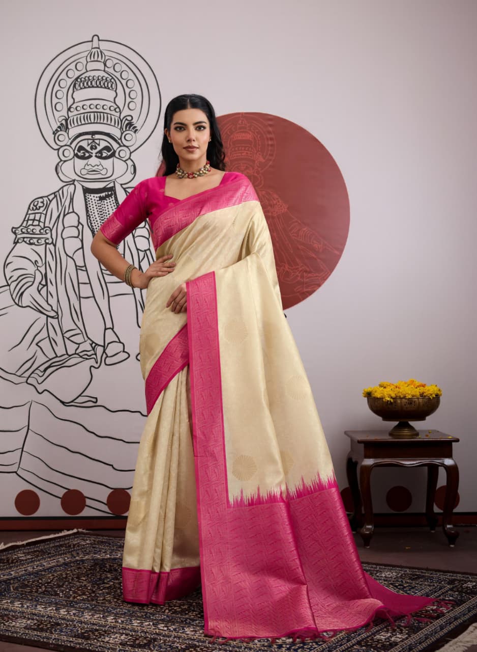 Pink Handloom Weaving Paper Silk Saree