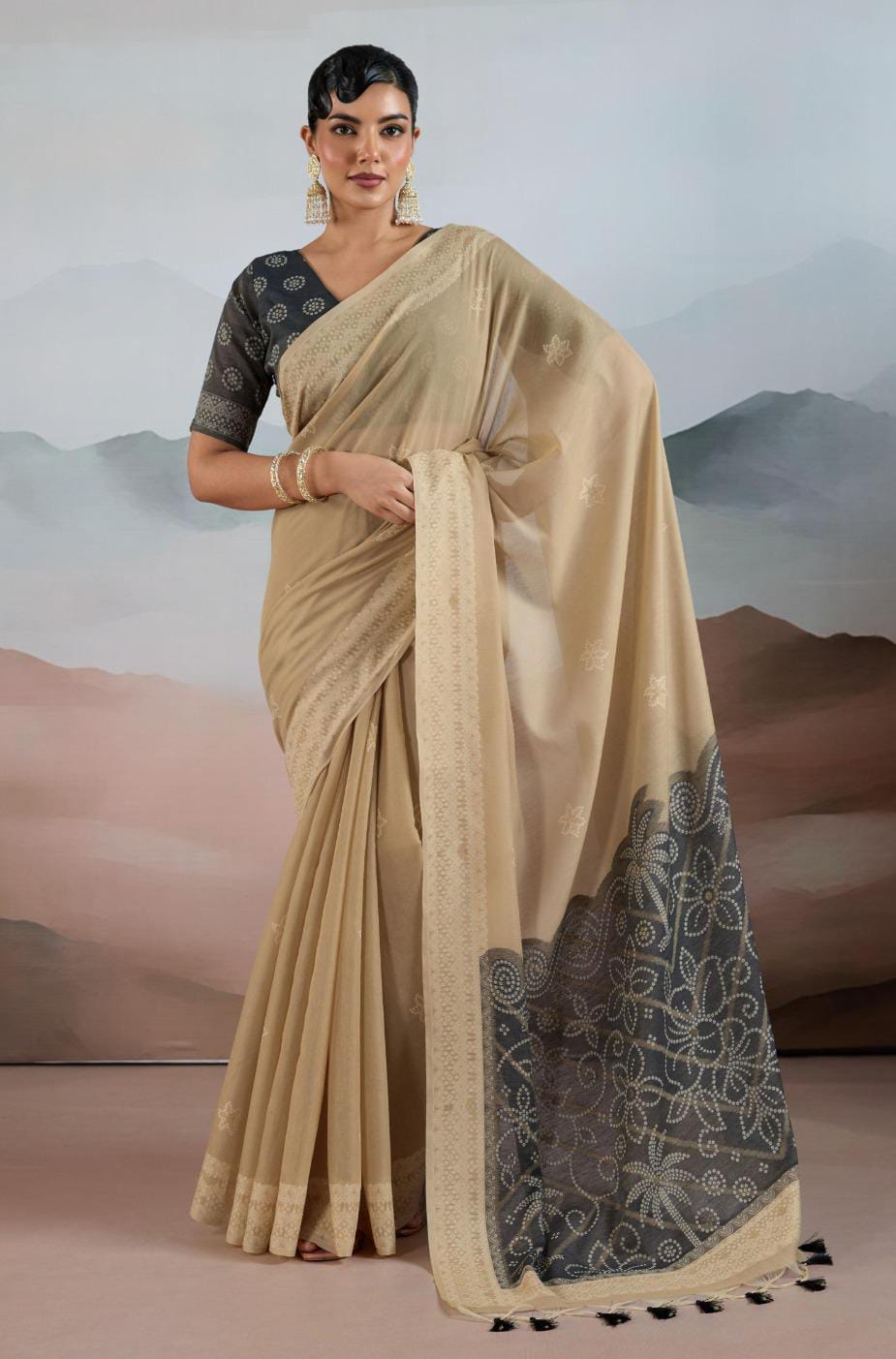 Beige Pure Viscose Cotton Handloom Weaving Saree