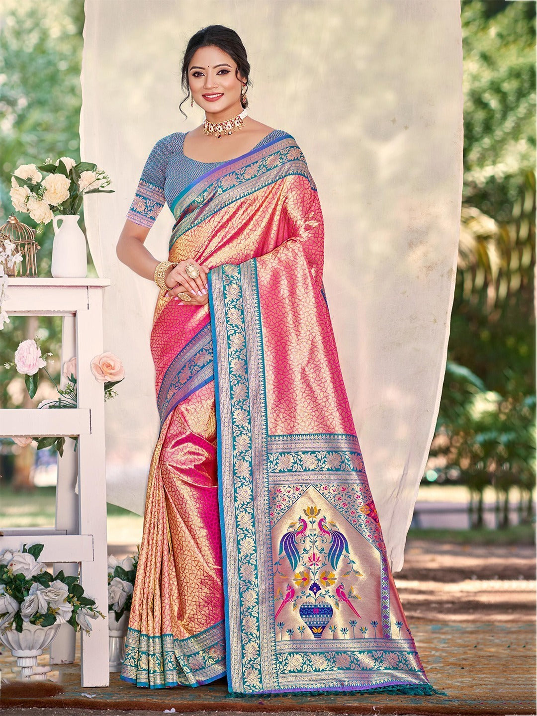 Pink Kanjivaram Silk Weaving Saree