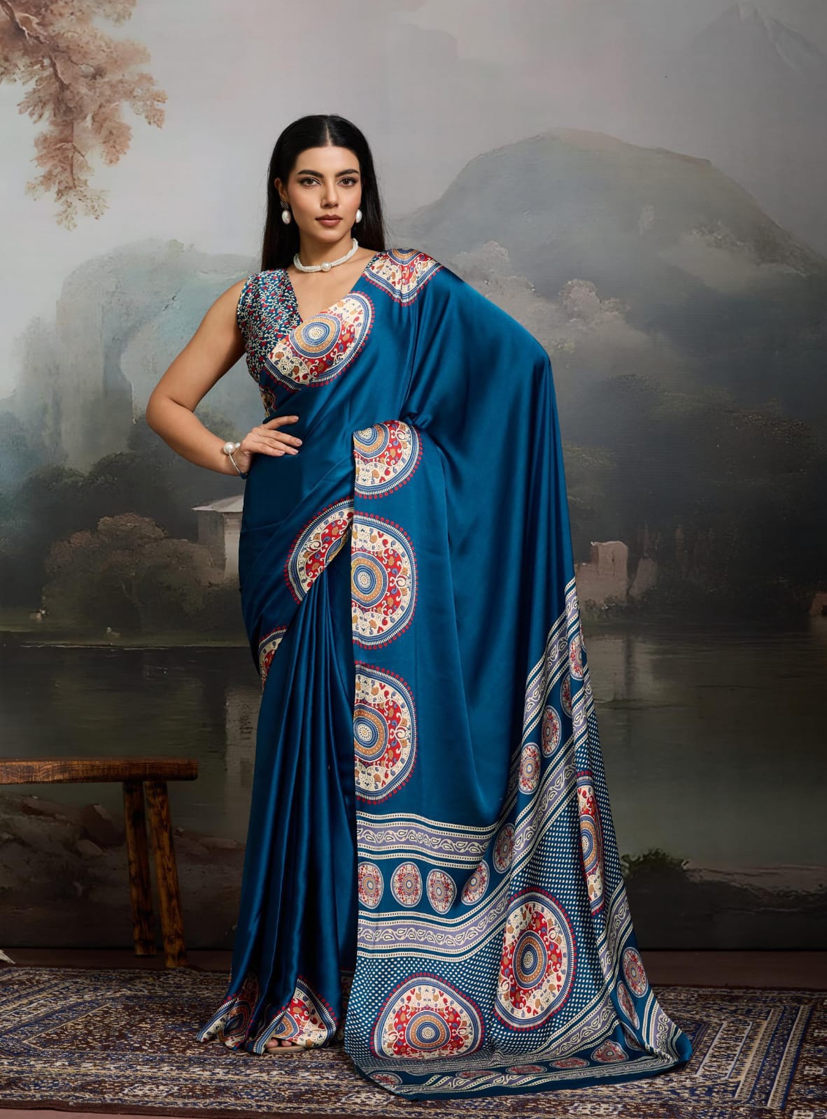 Blue Modal Satin Ajrakh Printed Saree