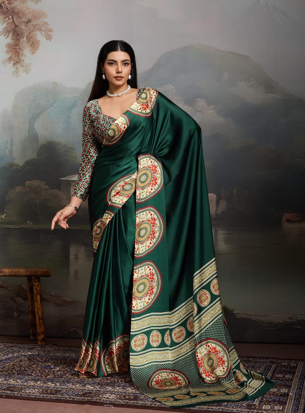 Green Modal Satin Ajrakh Printed Saree