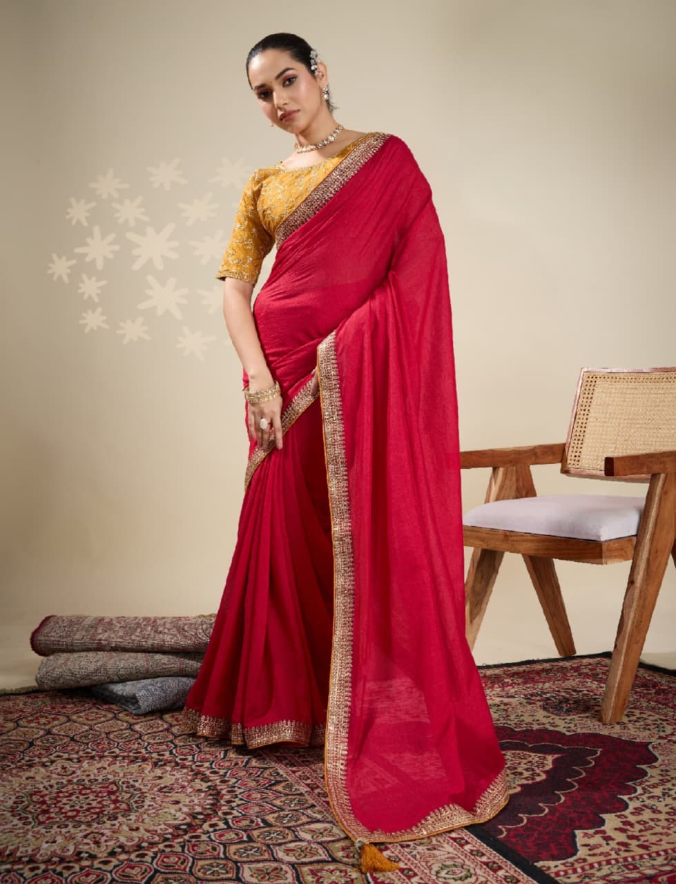 Red Vichitra Embroidered Border Saree