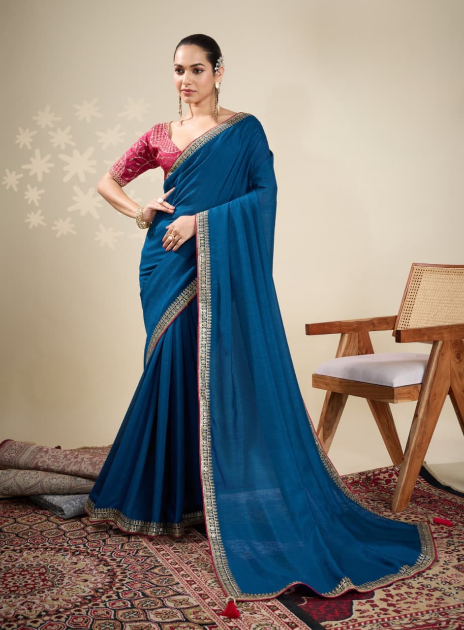 Blue Vichitra Embroidered Border Saree