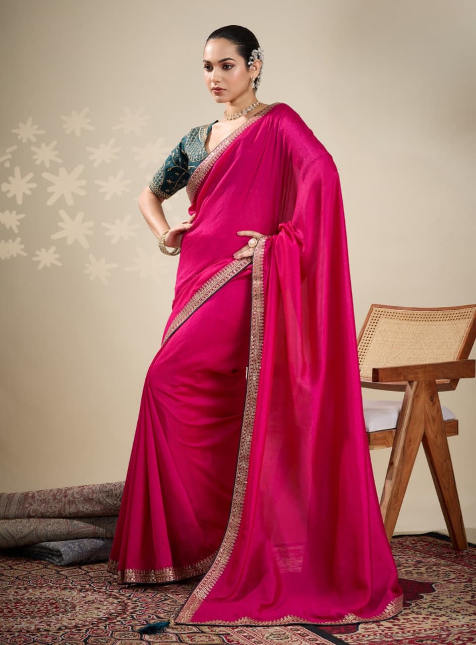 Magenta Vichitra Embroidered Border Saree
