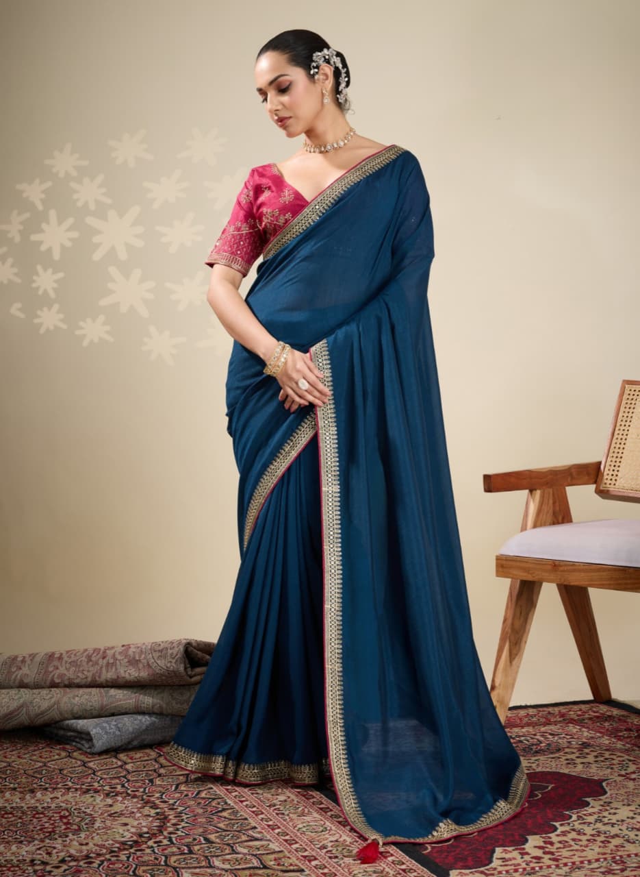Navy Blue Vichitra Embroidered Border Saree